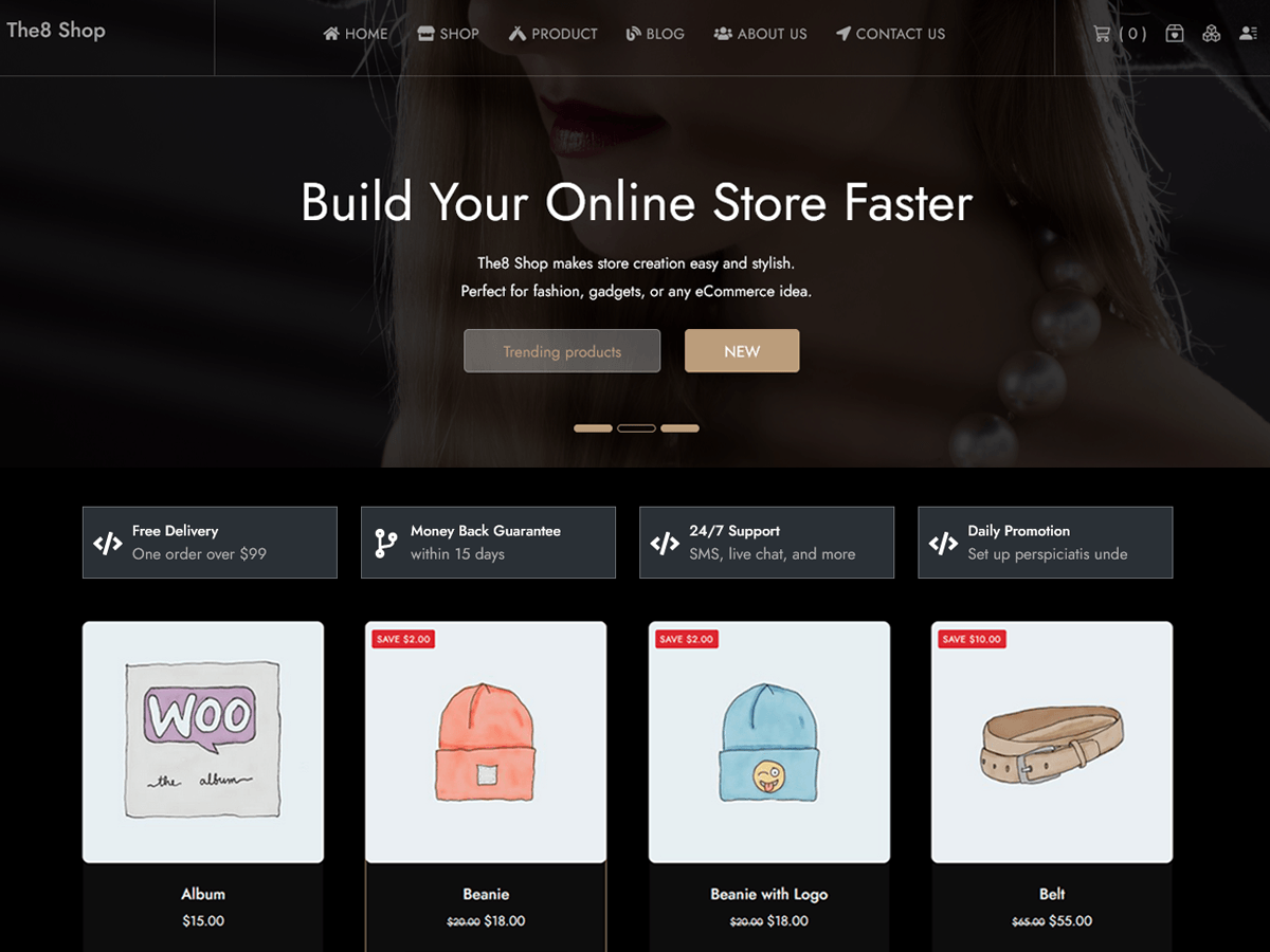 The8 Shop Dark WordPress 主题预览图,适合作品集