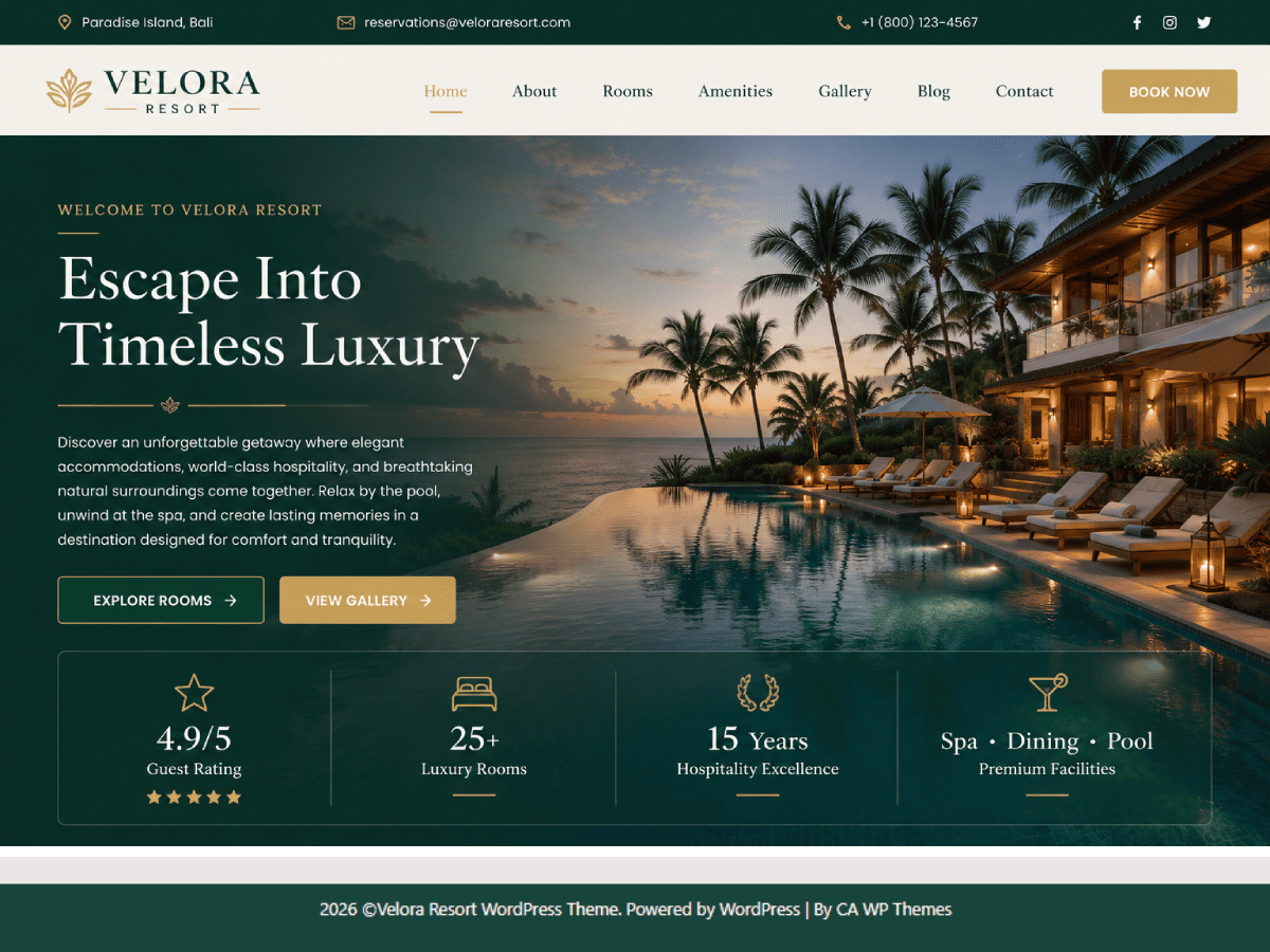 Velora Resort running inside a SandyWP sandbox